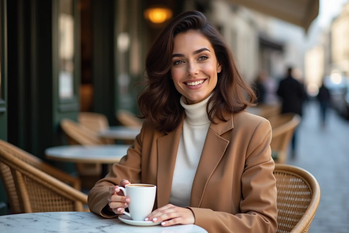 Femme élégante et confiante en manteau camel attablée à une terrasse de café parisien avec ambiance authentique