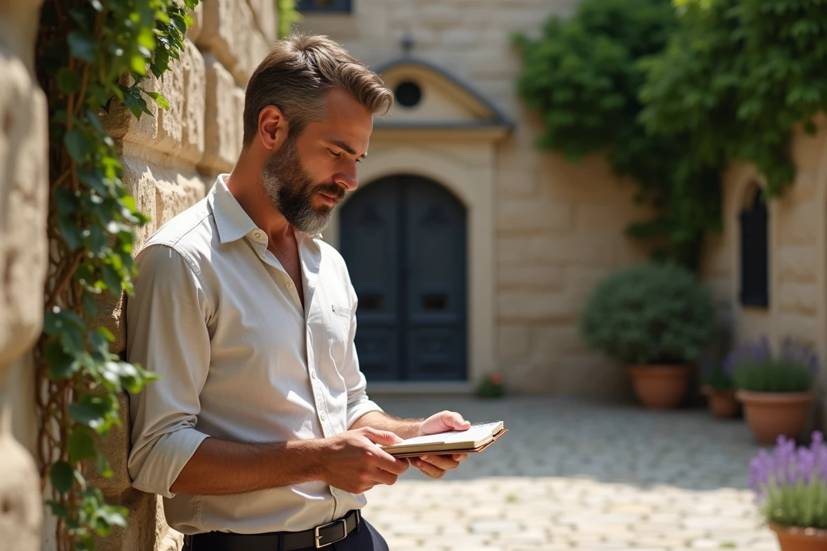 Homme songeur relisant des notes manuscrites dans une cour en pierre en Provence, illustration symbolique du compagnon discret évoqué dans les interviews de Zaz