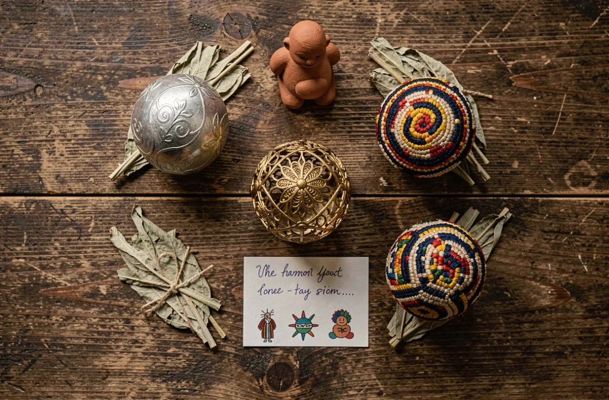 Comparaison culturelle de plusieurs bolas de grossesse d'origines différentes disposés en flat lay sur une table en bois ancien, incluant un bola mexicain argenté et des variantes dorées et textiles