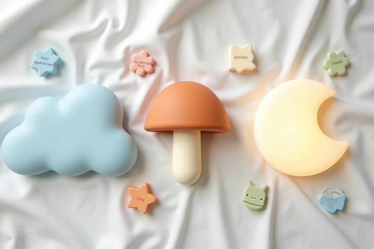 Comparaison de trois modèles de veilleuses personnalisables pour enfant avec accessoires d'adaptation en vue à plat
