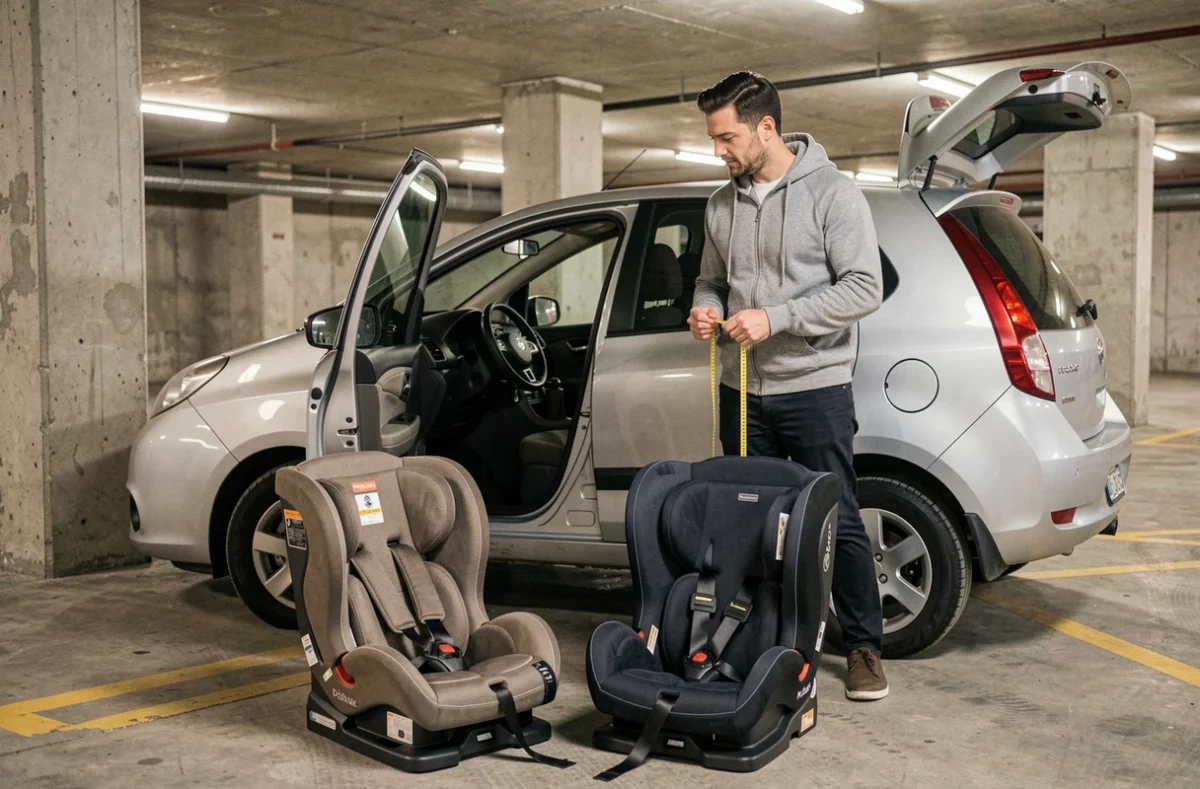 Homme comparant deux sièges auto compacts devant une petite voiture citadine argentée dans un parking souterrain