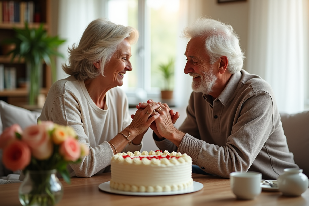 Couple d'âge moyen échangeant des bagues dans un salon lumineux
