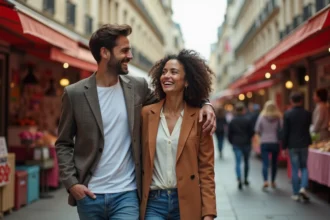 Couple franco-maghrébin complice et souriant se promenant dans un marché parisien animé, style urbain chic et décontracté