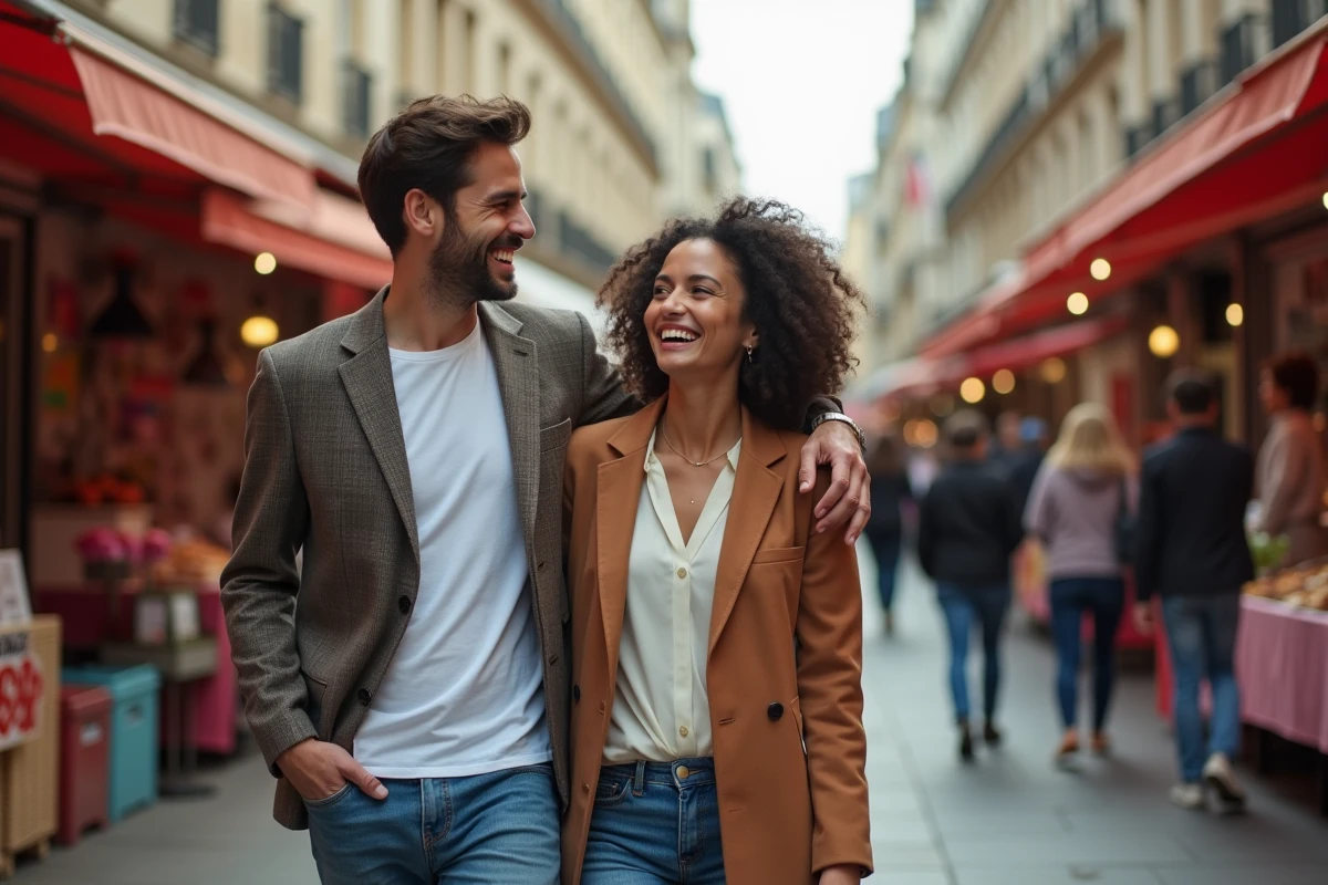 Couple franco-maghrébin complice et souriant se promenant dans un marché parisien animé, style urbain chic et décontracté