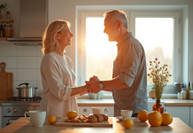 Couple souriant préparant le petit déjeuner dans une cuisine lumineuse