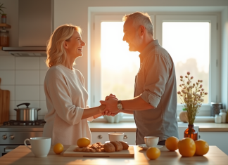 Couple souriant préparant le petit déjeuner dans une cuisine lumineuse