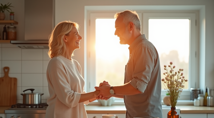 Couple souriant préparant le petit déjeuner dans une cuisine lumineuse