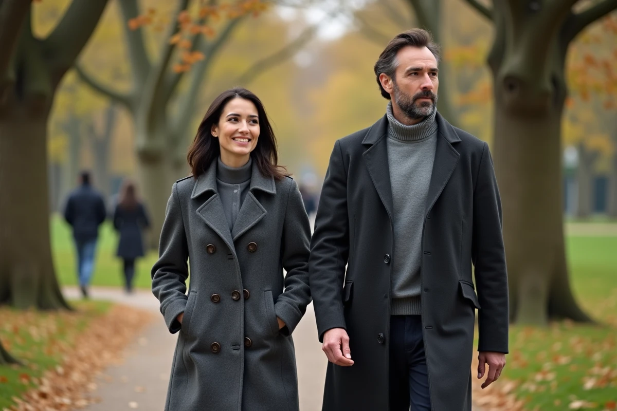 Couple discret se promenant dans un parc parisien en automne, évoquant la préservation de la vie privée face aux médias