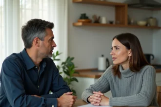 Deux adultes en discussion sérieuse autour d'une table en bois, illustrant une conversation sur la définition de règles dans une relation complexe