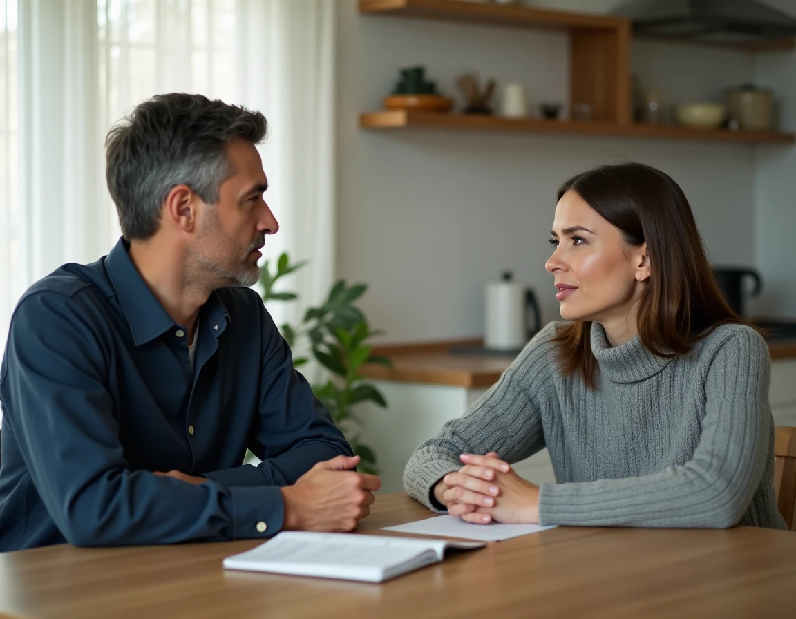 Deux adultes en discussion sérieuse autour d'une table en bois, illustrant une conversation sur la définition de règles dans une relation complexe