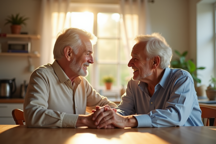 couple-elderly-salle-manger Couple agee assis main dans la main dans une cuisine lumineuse