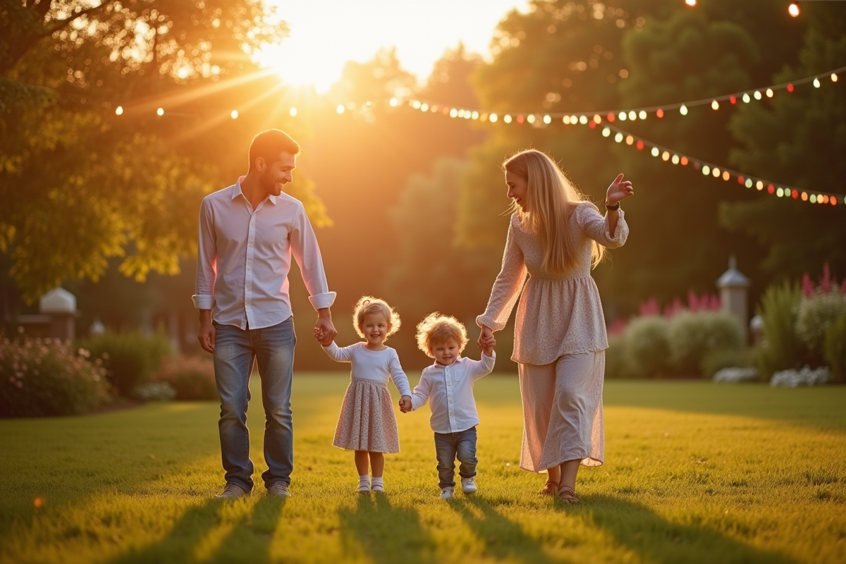 Couple avec enfants dans un jardin en fin d
