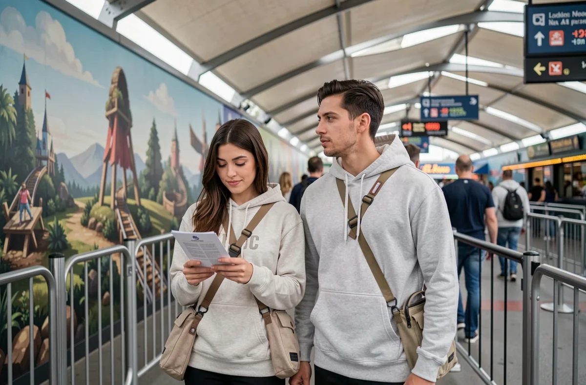 Couple faisant la queue devant une attraction de parc d'attraction avec un planning de visite en main