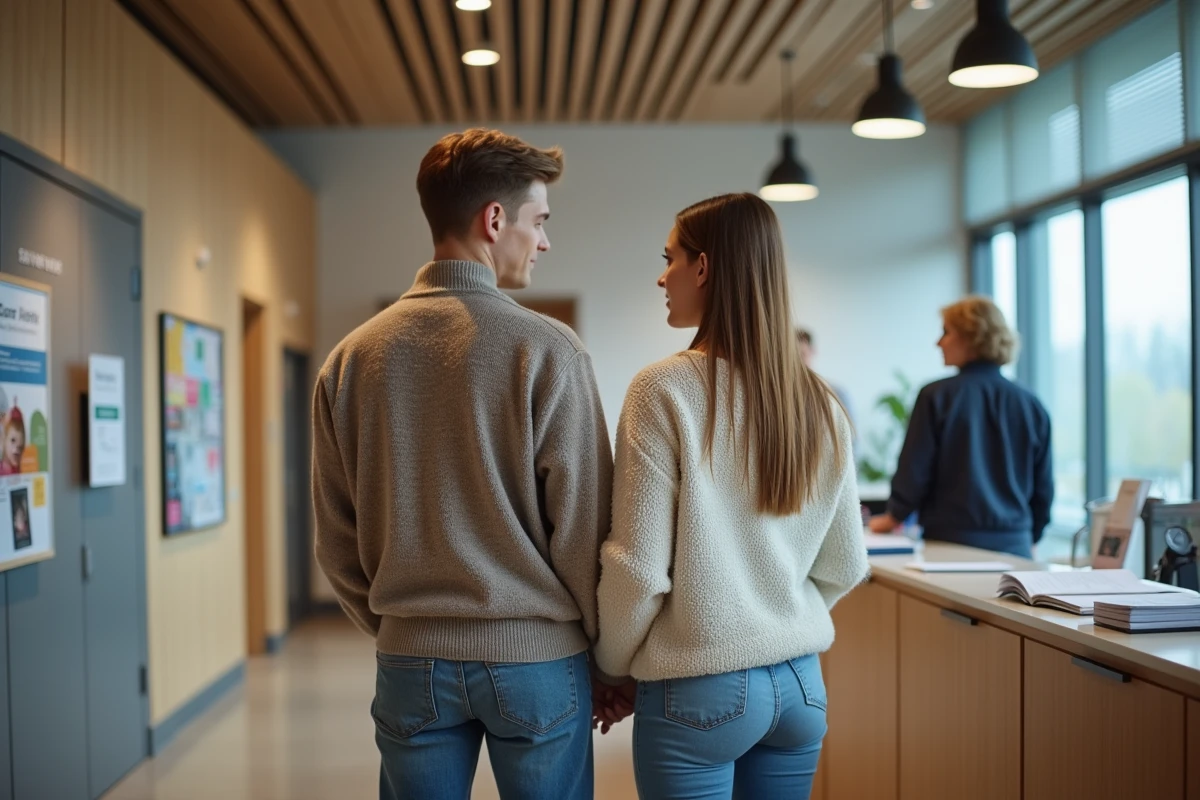 Jeune couple remettant un formulaire au bureau municipal