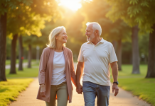 Couple mature marchant main dans la main dans un parc ensoleille