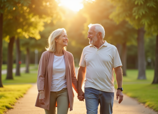 Mariage : à la découverte de nos 26 ans de vie à deux Couple mature marchant main dans la main dans un parc ensoleille