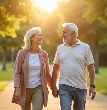 Couple mature marchant main dans la main dans un parc ensoleille