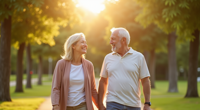 Couple mature marchant main dans la main dans un parc ensoleille