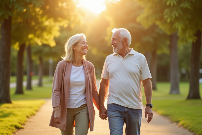 Couple mature marchant main dans la main dans un parc ensoleille