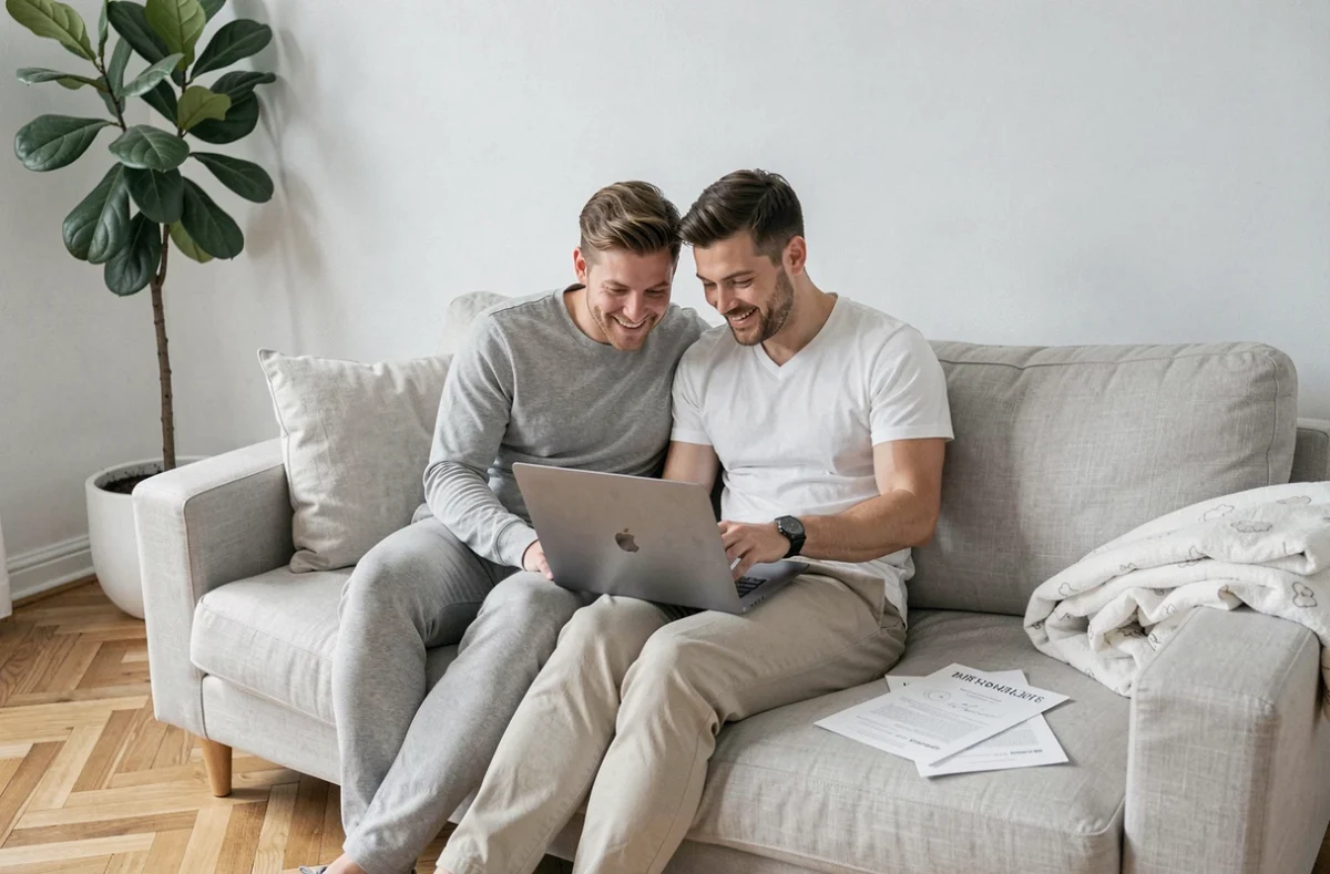 Couple parcourant des modèles de faire-part de naissance gratuits sur un ordinateur portable dans un salon moderne