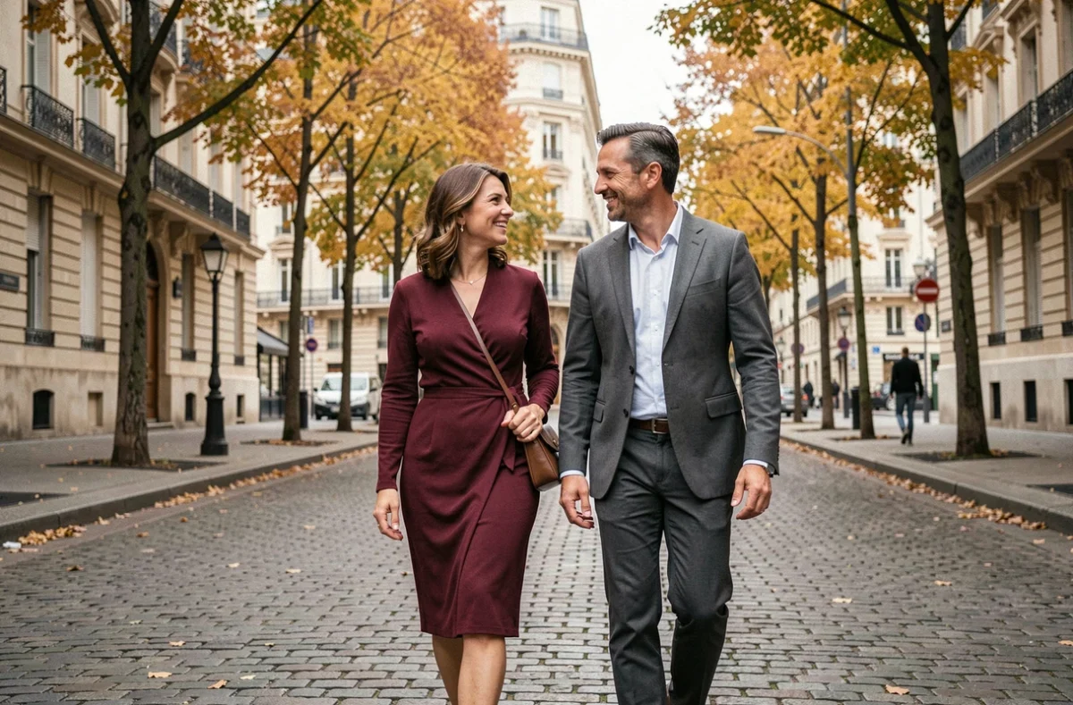 Couple élégant se promenant ensemble dans une rue parisienne en automne, ambiance complice et naturelle