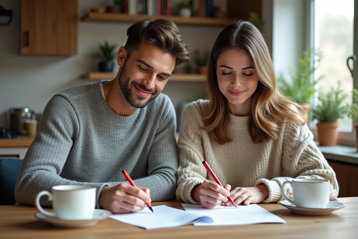 Couple signant un document dans leur cuisine chaleureuse