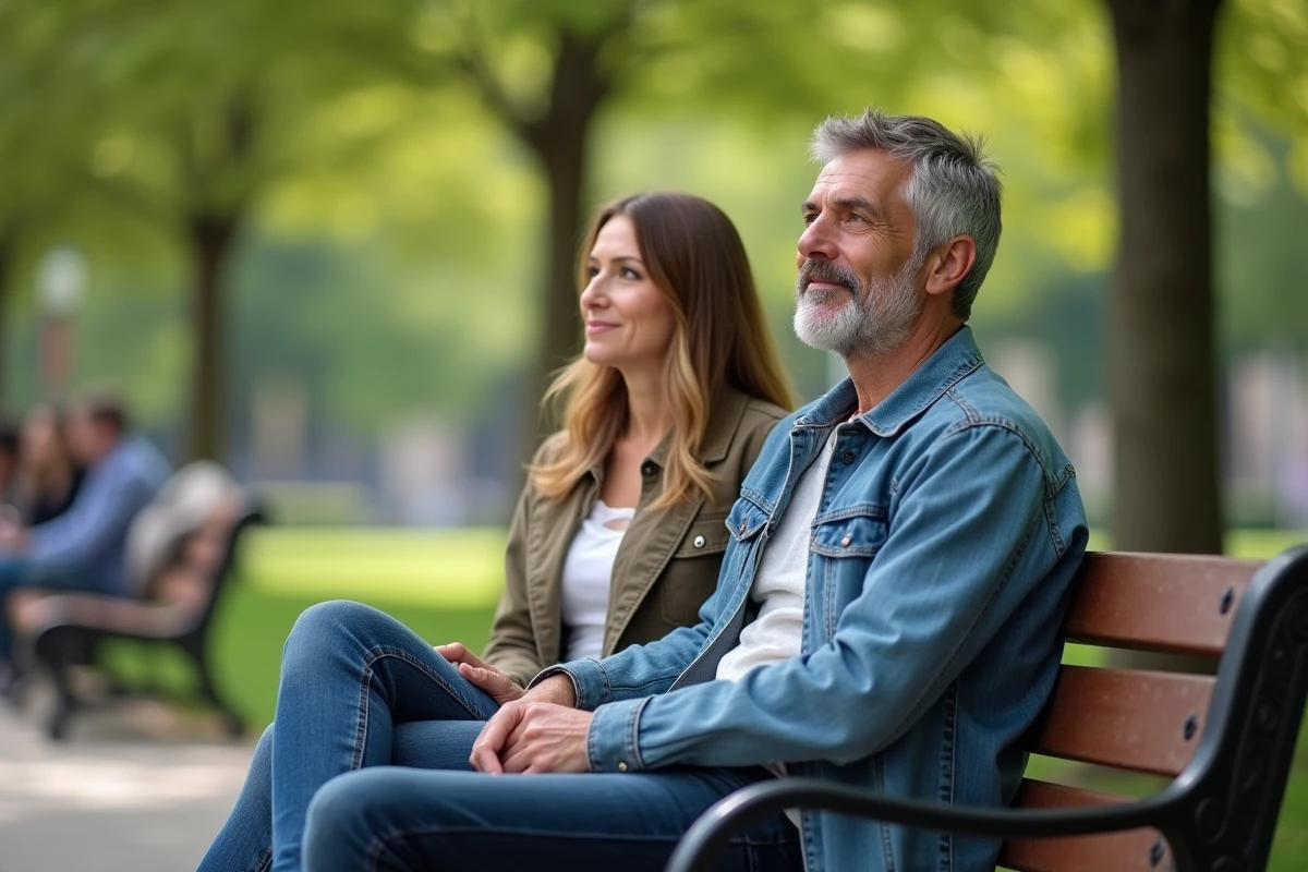 Couple solidaire assis sur un banc de parc affichant une attitude sereine et confiante face au regard des autres