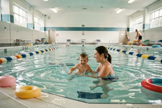 Vue d'ensemble d'un espace piscine dédié aux bébés nageurs dans le Grand Est avec parents et enfants dans l'eau