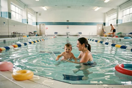 Vue d'ensemble d'un espace piscine dédié aux bébés nageurs dans le Grand Est avec parents et enfants dans l'eau