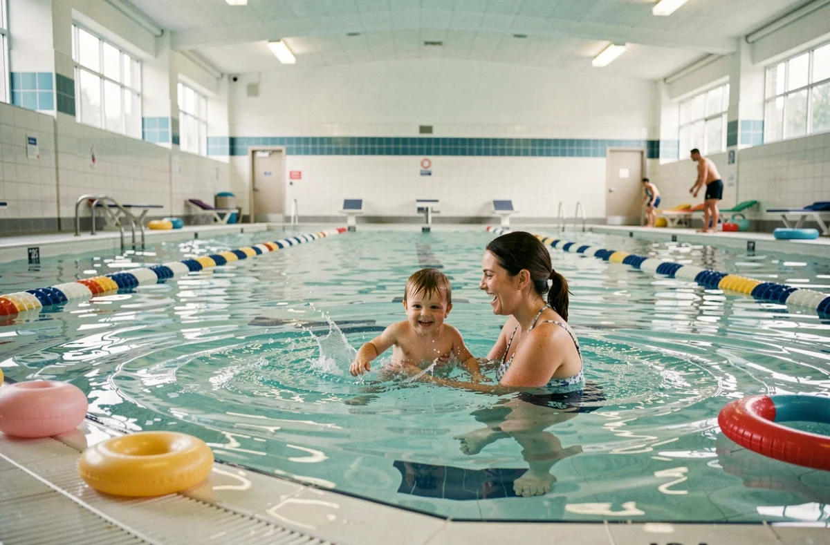 Vue d'ensemble d'un espace piscine dédié aux bébés nageurs dans le Grand Est avec parents et enfants dans l'eau
