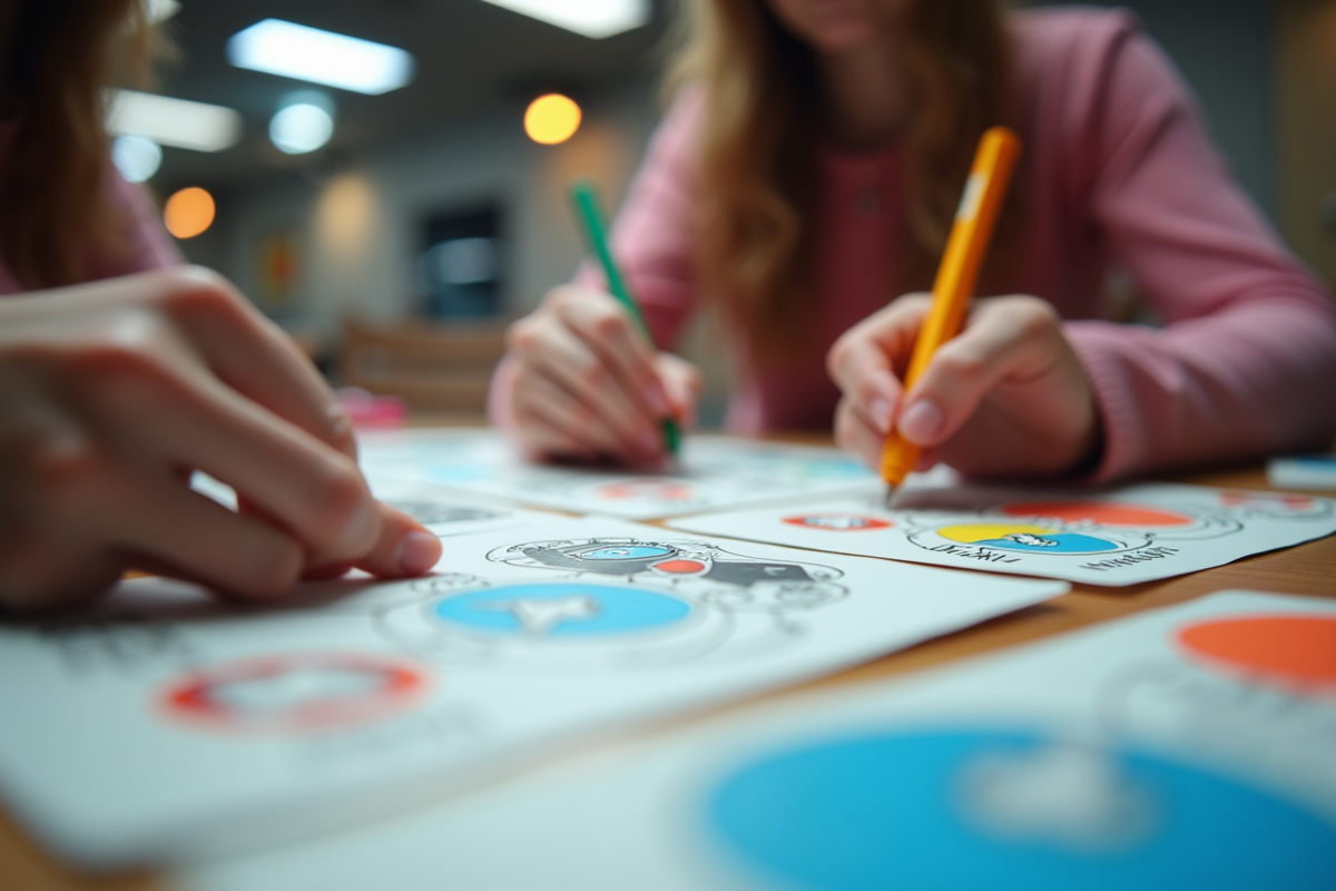 Mains dessinant sur une carte de jeu avec des marqueurs colorés