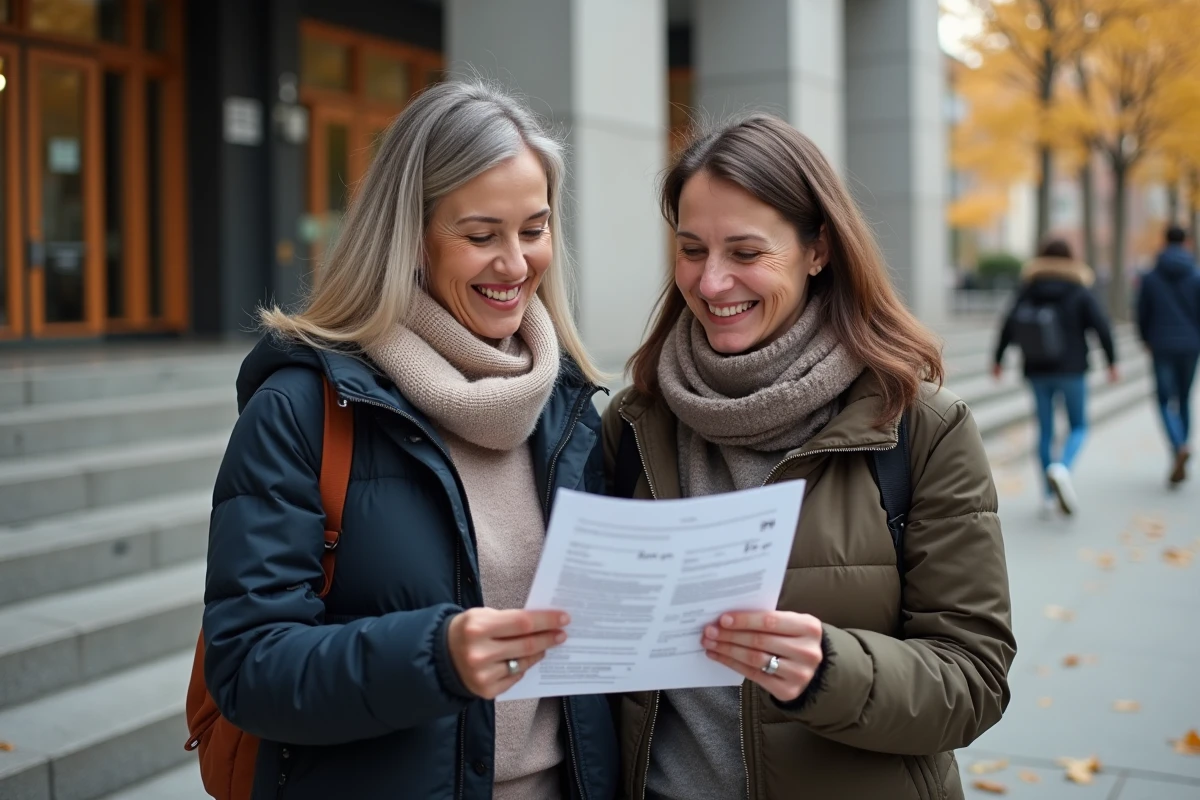 Deux femmes discutant d un formulaire devant un bâtiment moderne