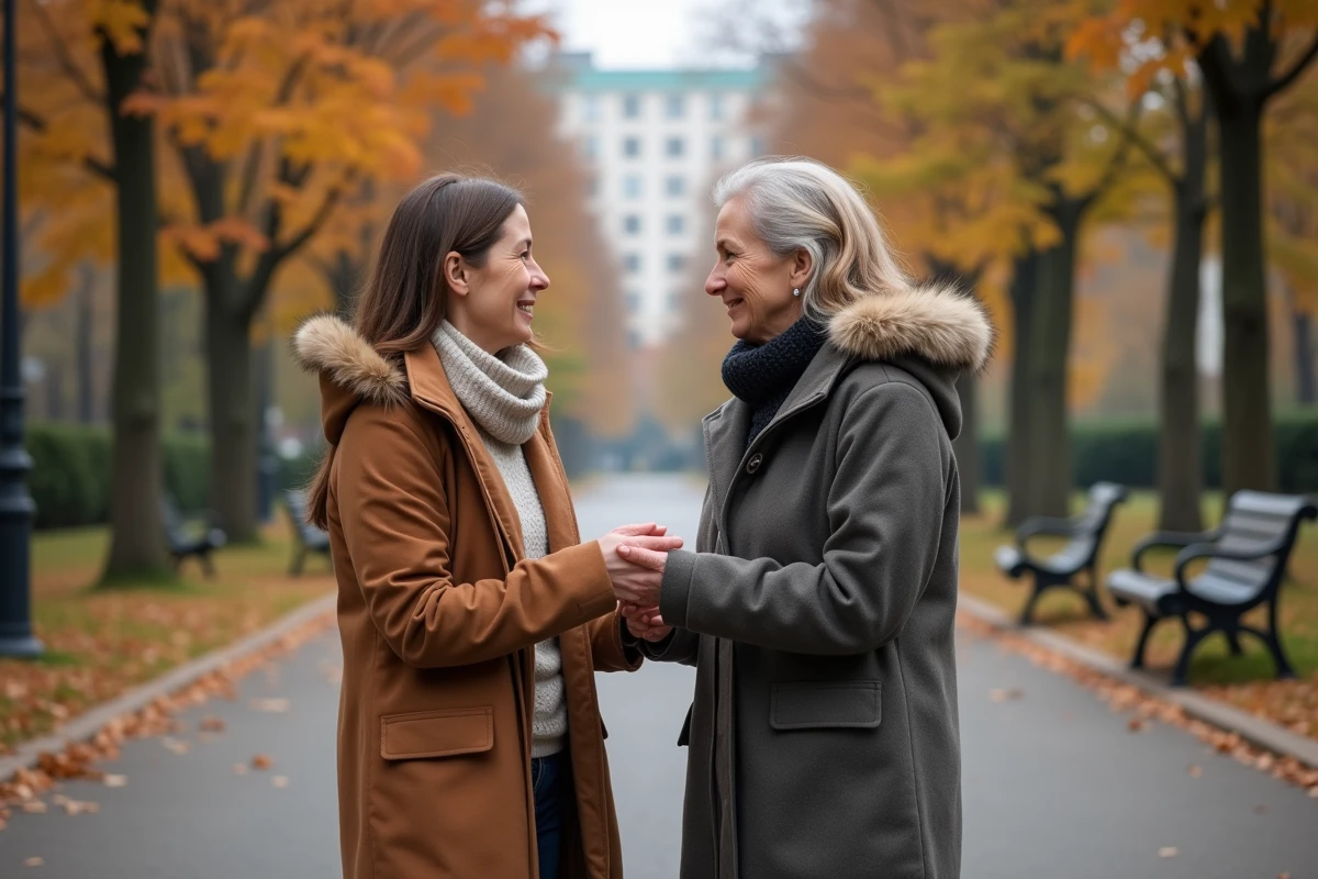 Deux femmes se tenant la main dans un parc en automne