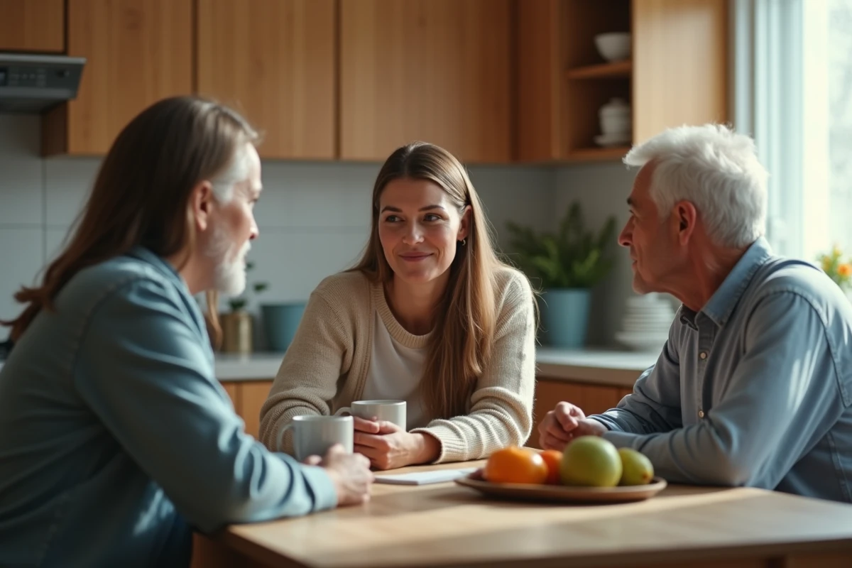 Femme expliquant calmement ses choix de vie à ses parents autour d'une table de cuisine, représentant le dialogue familial face aux critiques