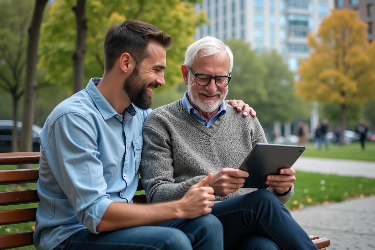 Deux hommes discutant de retraite sur un banc dans un parc