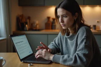 Femme consultant un formulaire de divorce en ligne sur un ordinateur portable, alliance posée sur la table