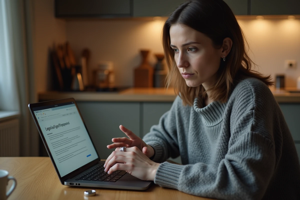 Femme consultant un formulaire de divorce en ligne sur un ordinateur portable, alliance posée sur la table