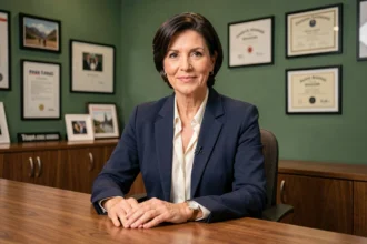Femme médecin experte en télévision dans un studio professionnel, portrait éditorial élégant