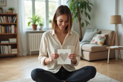Femme tenant un dessin d'enfant avec tendresse dans un appartement parisien lumineux, illustrant la discrétion maternelle sur la vie privée des enfants
