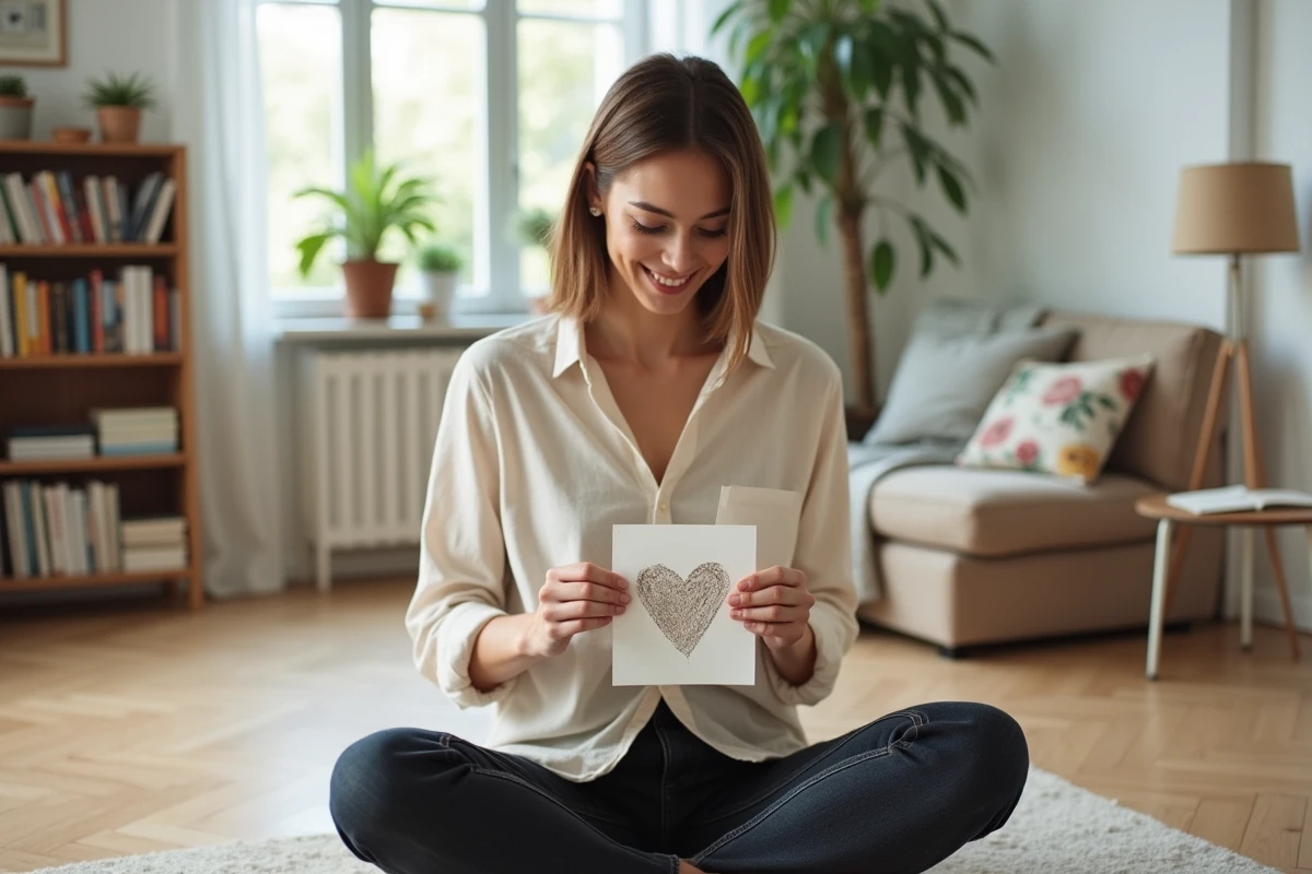 Femme tenant un dessin d'enfant avec tendresse dans un appartement parisien lumineux, illustrant la discrétion maternelle sur la vie privée des enfants
