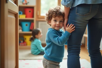 Bébé avec cheveux bouclés dans une crèche accueillante