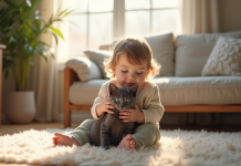Jeune enfant avec chaton gris aux yeux bleus dans un salon chaleureux