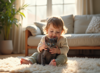 Jeune enfant avec chaton gris aux yeux bleus dans un salon chaleureux