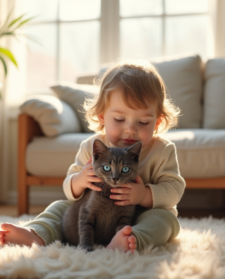 Jeune enfant avec chaton gris aux yeux bleus dans un salon chaleureux