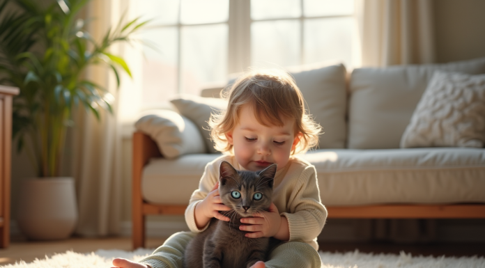 Jeune enfant avec chaton gris aux yeux bleus dans un salon chaleureux