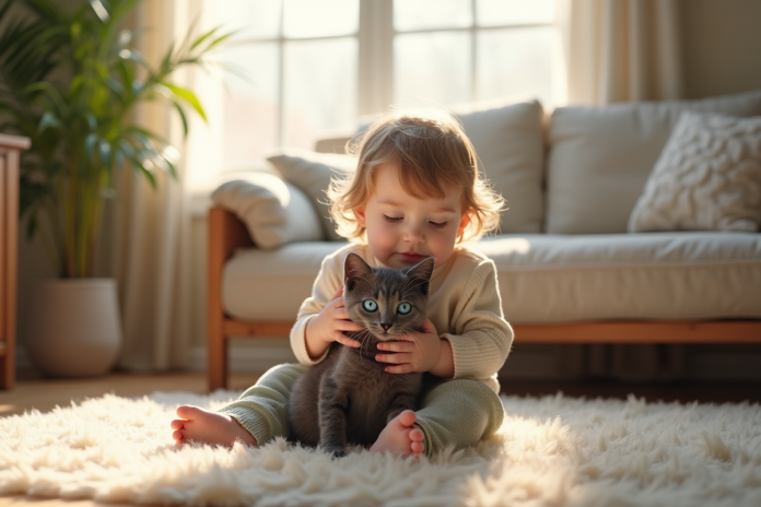 enfant-chaton-gris-lumiere Jeune enfant avec chaton gris aux yeux bleus dans un salon chaleureux