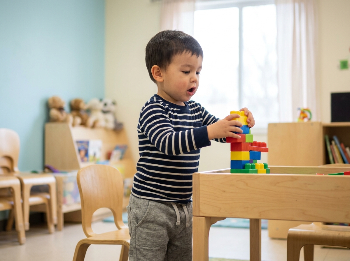 Tout-petit garçon assemblant des pièces de construction en plastique colorées à une table de jeu en bois dans une salle de maternelle