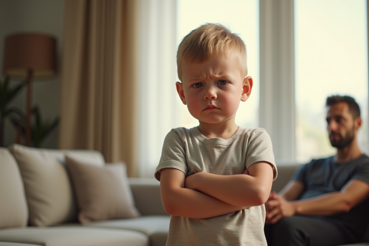 Enfant croisant les bras dans le salon en réfléchissant
