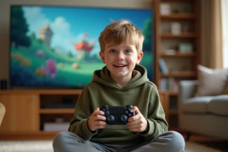 Jeune garçon jouant à la PS5 avec une manette DualSense dans un salon familial confortable