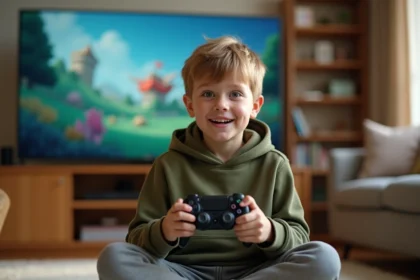 Jeune garçon jouant à la PS5 avec une manette DualSense dans un salon familial confortable